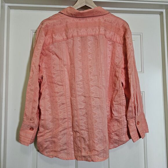 Coldwater Creek Women’s Shirt XL Peach Melon Textured Floral Stripes 3/4 Blouse - Picture 7 of 10
